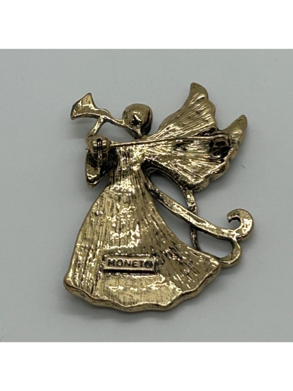 Vintage Monet Brooch Gold Tone Rhinestone Trumpeting Angel Guardian Christmas - Picture 9 of 10